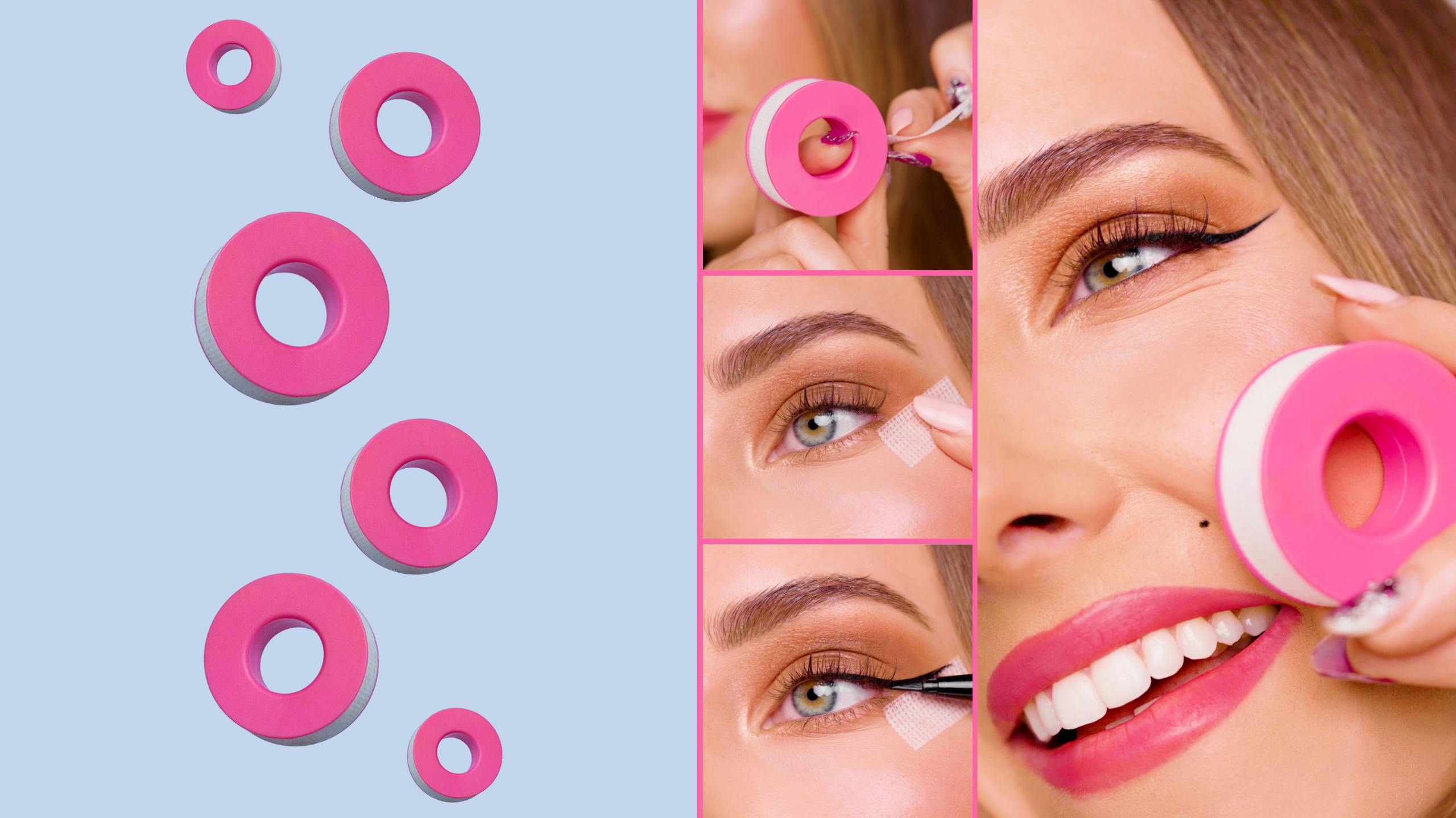 Collage of a woman using a pink makeup tape with close-up shots on a light blue background showing product application.